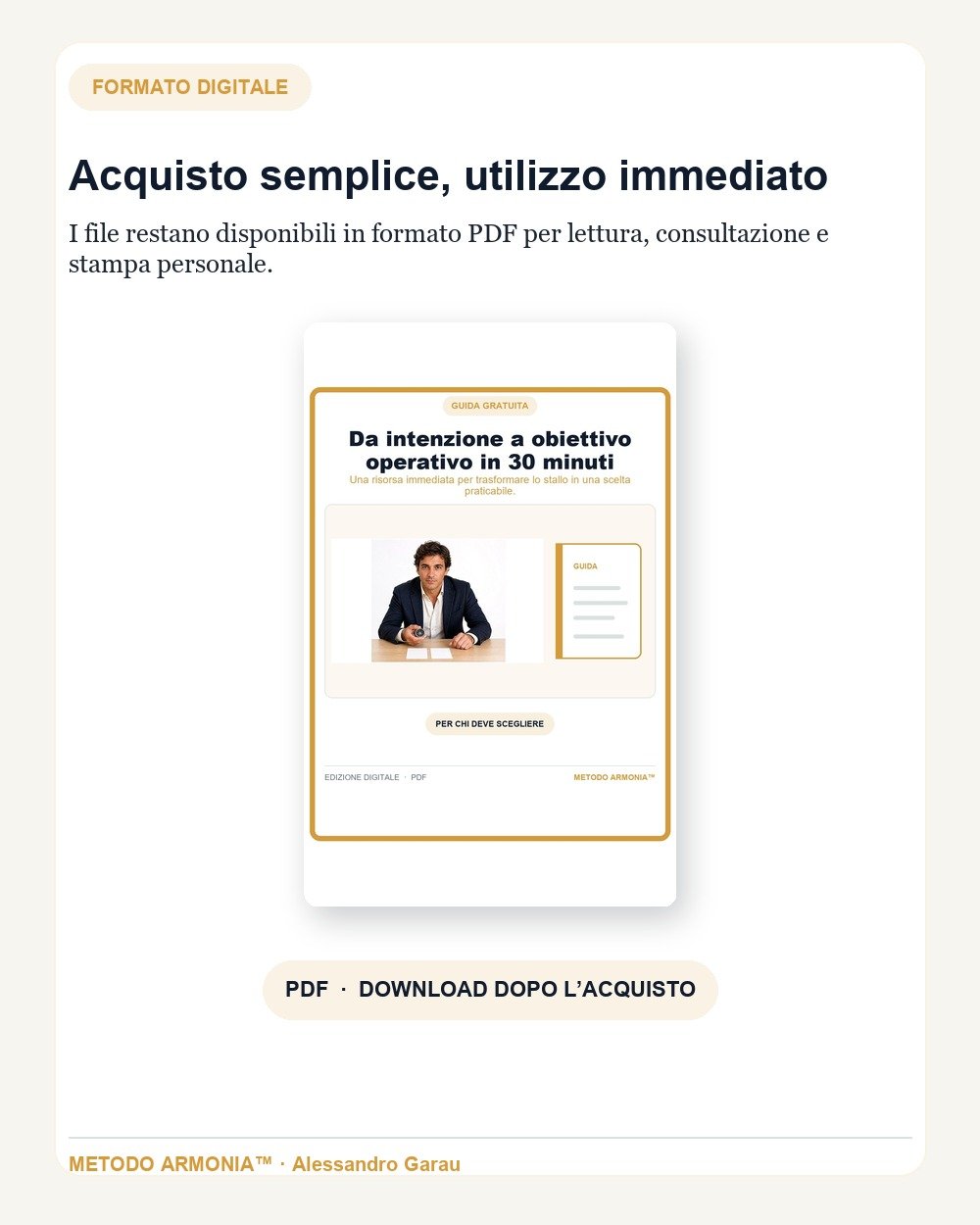 Da intenzione a obiettivo operativo in 30 minuti — Formato e download Metodo ARMONIA™