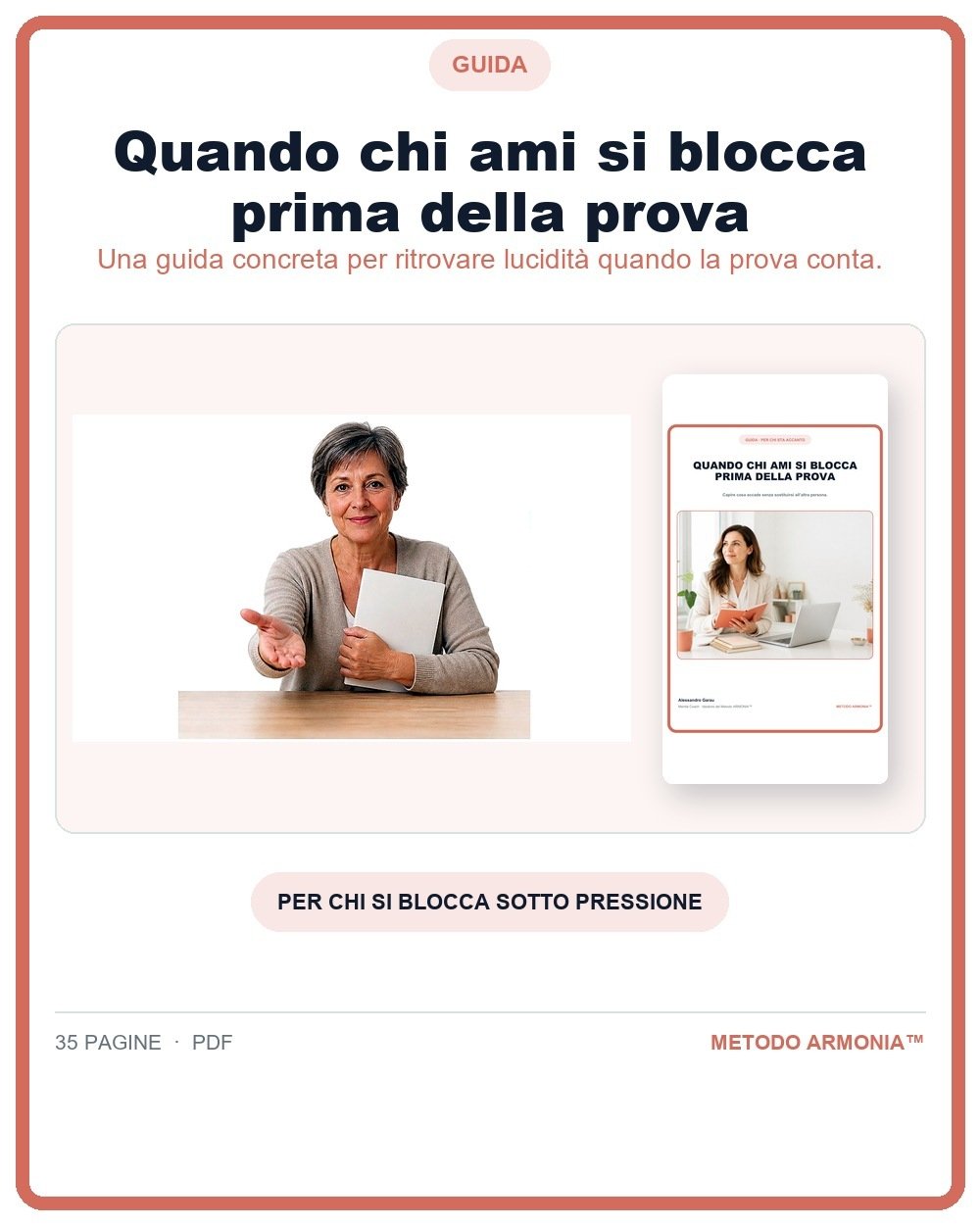 Quando chi ami si blocca prima della prova — Copertina Metodo ARMONIA™